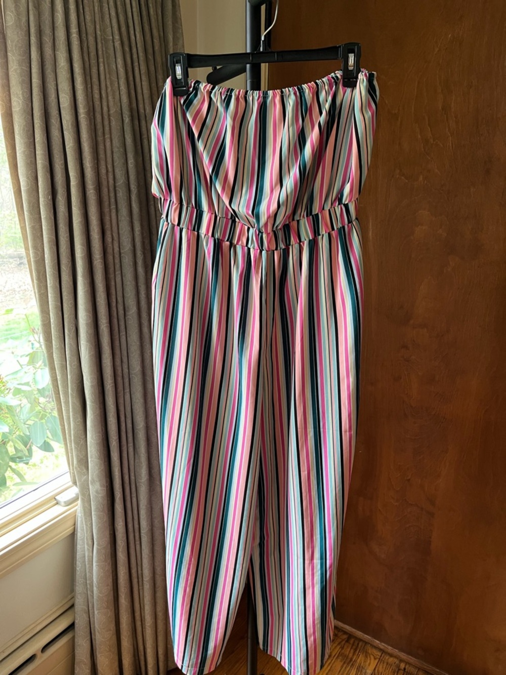 SHEIN Pink, Blue and White Strapless Striped Jumpsuit